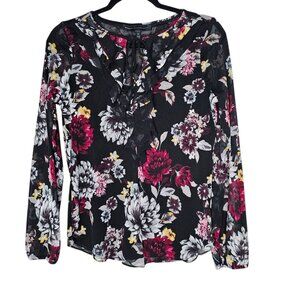 White House Black Market Dark Floral Ruffle Mesh Blouse Career Office Whimsigoth